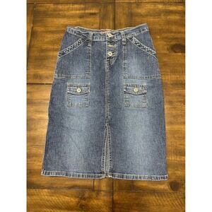 Y2K Lazer Jeans Womens MediumWash Denim Midi Skirt Button Fly MultiPocket Size 1